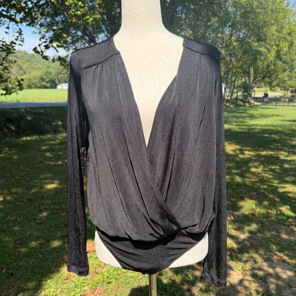 Intimately Free People Black Shimmer Long Sleeve Wrap Bodysuit M Layering Boho